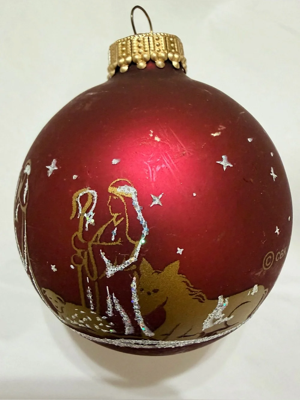 Vtg Christmas By Krebs 7 Ornaments Nativity & Bethlehem Scenes Red Blue 2.63”